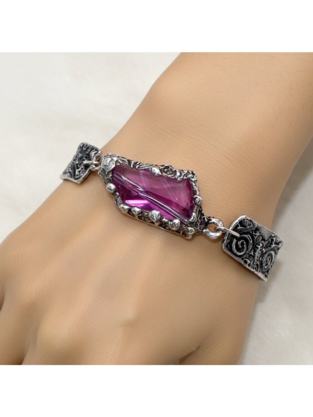 Natural Amethyst Bracelet - Chunky Crystal Intricate Silver-Blend Links Adjust.